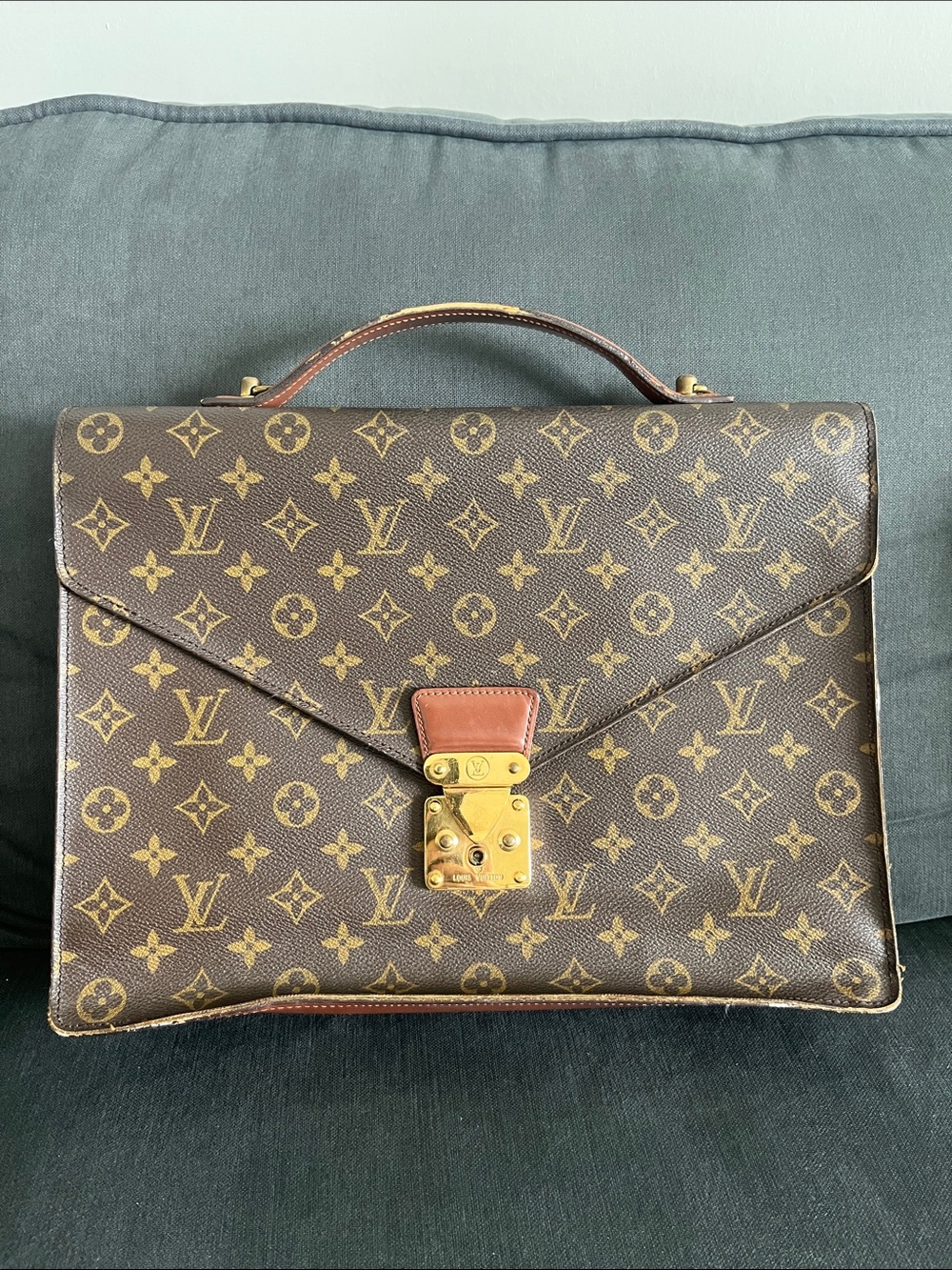 Louis Vuitton Brown Monogram Canvas Satchel with Gold-Tone Lock